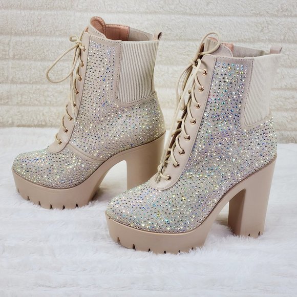Barri Nude Rhinestone Chunky Heel Platform Ankle Boots - Picture 9 of 15